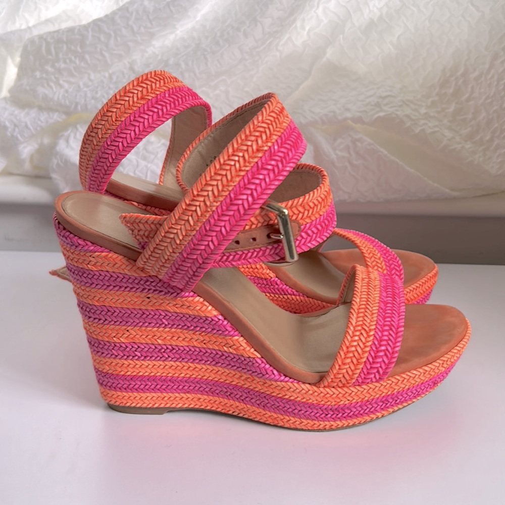 Stuart Weitzman sandal wedge pink and orange size 10. ECU